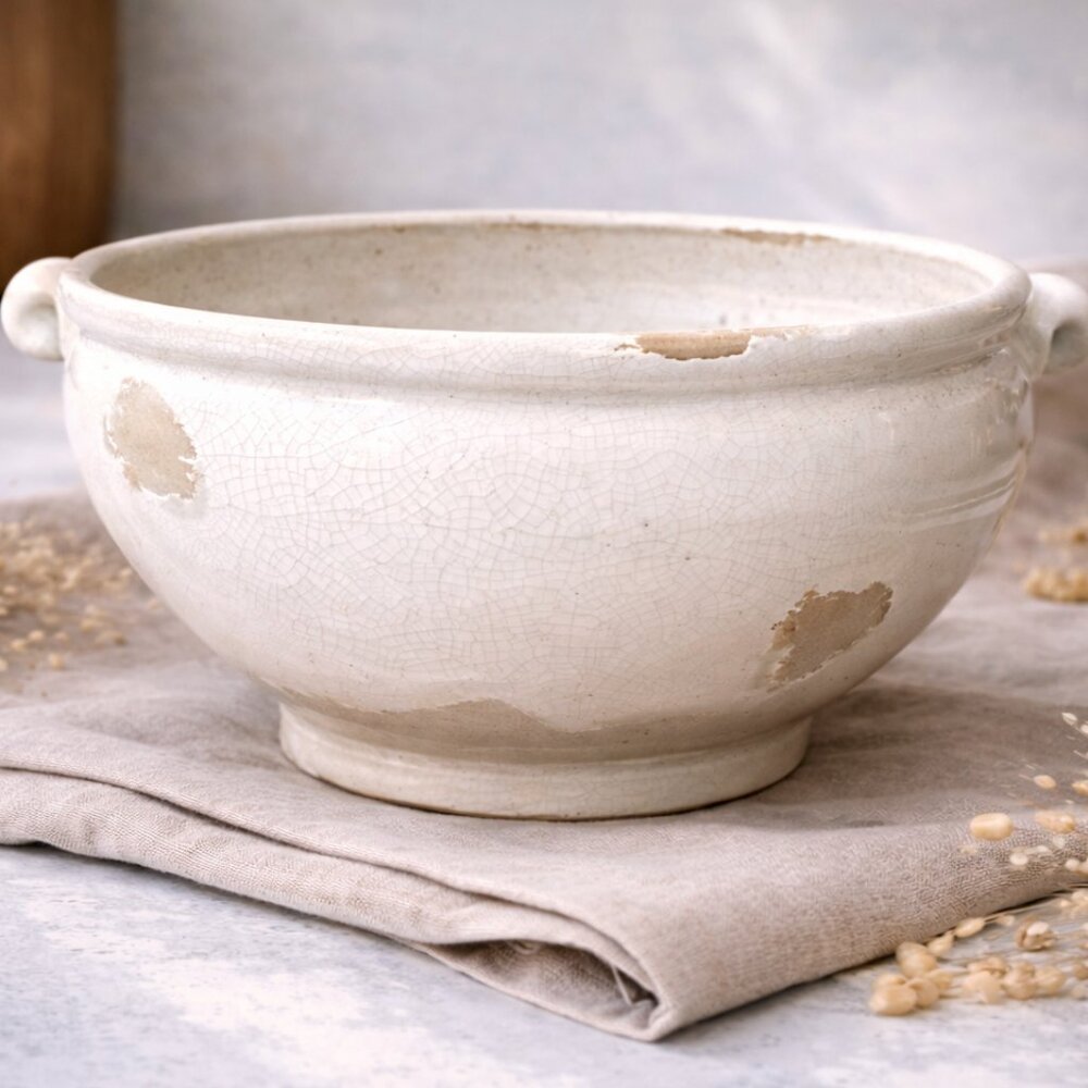 NWT Large Distressed Farmhouse Style Ivory Planter Pot Bowl With Crackle Glaze